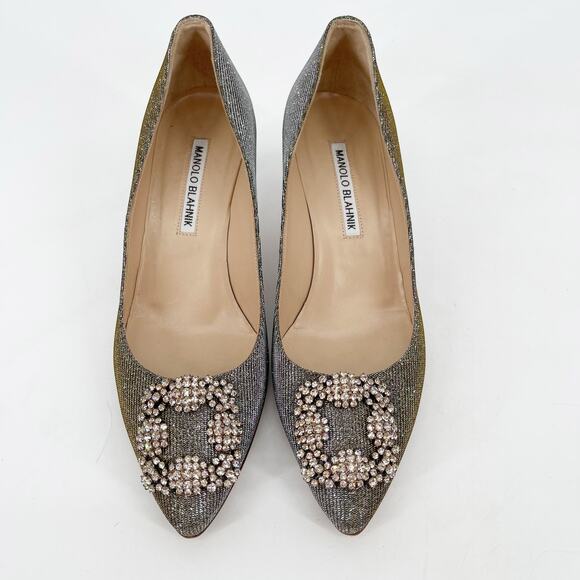 Manolo Blahnik Hangisi Glitter Silver Gold Fabric Crystal Buckle Pumps IT 37 - Picture 5 of 11